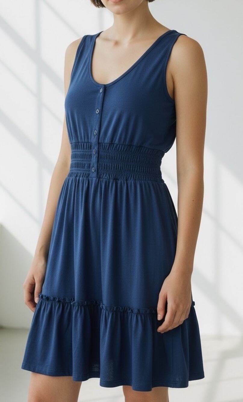 Auselily Tiered Sundress Womens Sleeveless Smocked Waist Blue Size L